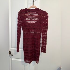 Lush Burgundy Long Sleeve Lace Dress